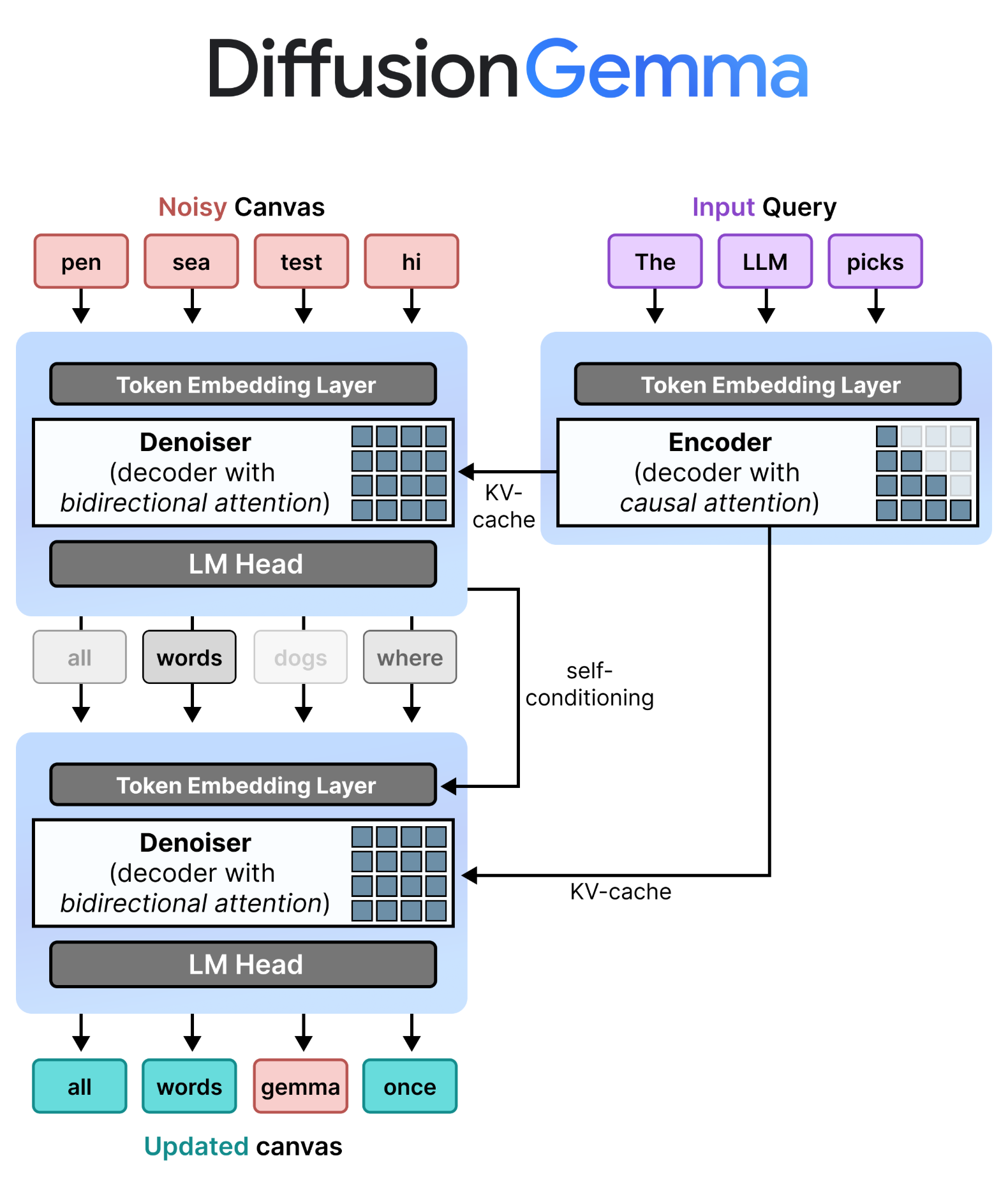 DiffusionGemma 的 encoder-denoiser 架构图